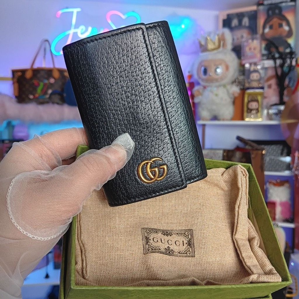 Gucci Marmont Key Case 6 Rings Gg Signature Logo Black Leather Unisex Full Set